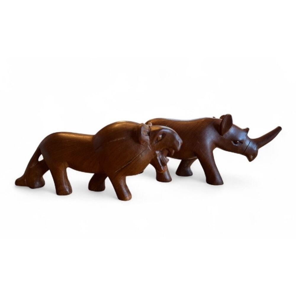 Vtg Handcarved Lion Rhino African Animal Figures Sculpture FLAW Safari Nature